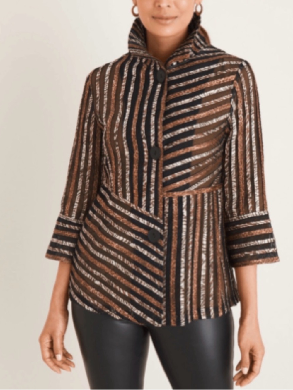 Chico's Striped Metallic Gold Brown and Black Button-Front Jacket
